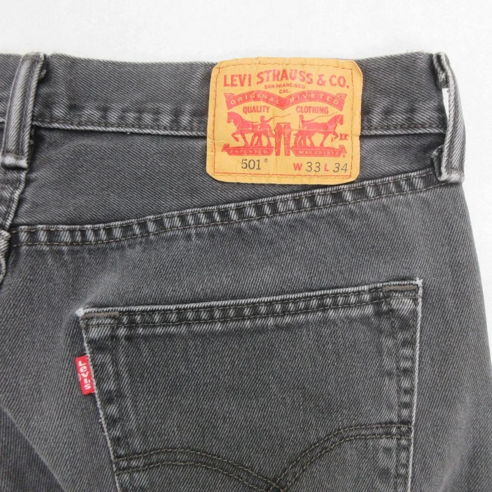 Levis 501 Mens 33x26 Black Jeans Button Fly Raw Hem Cropped